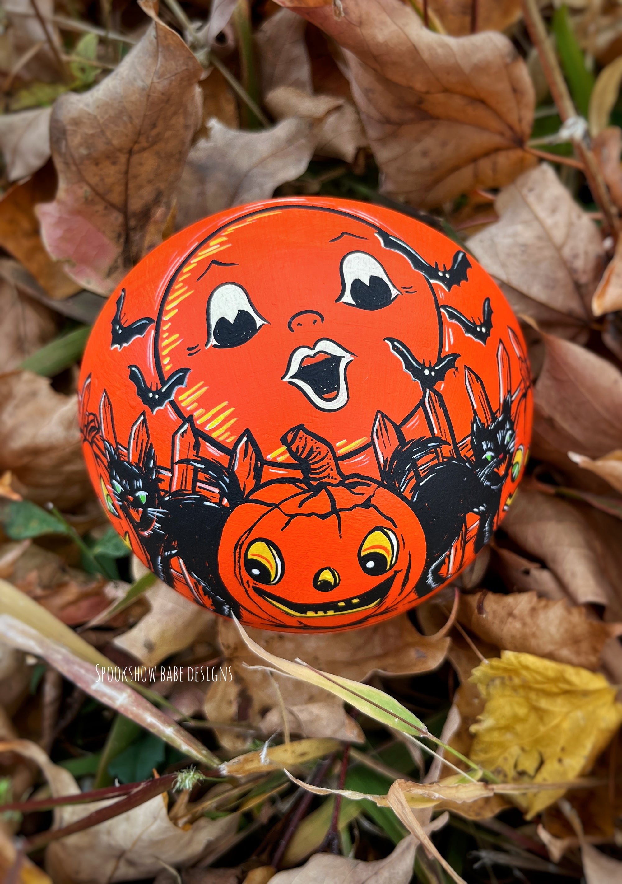 Hand painted Wood Mushroom with Vintage Halloween designs